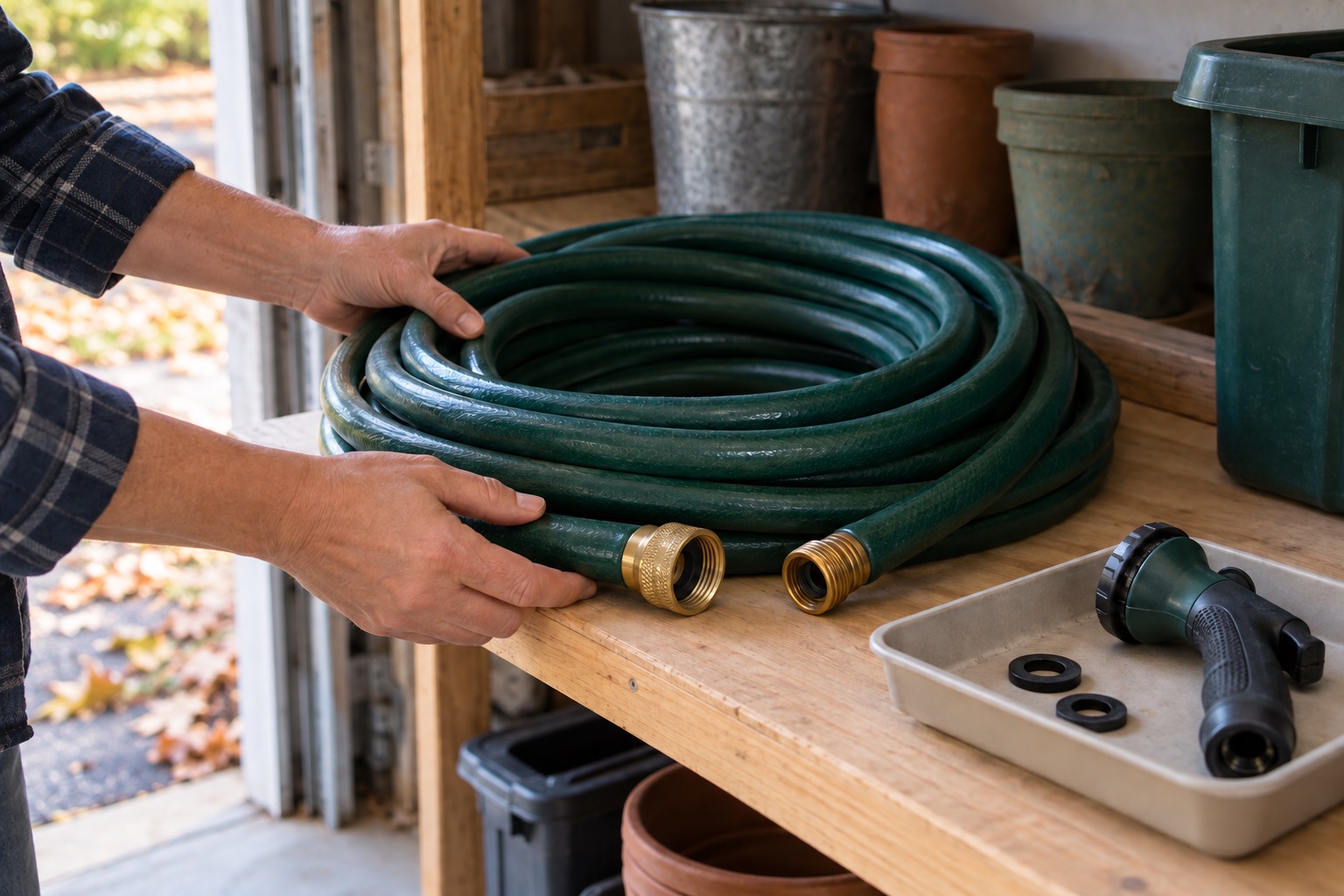 Hands arranging a disconnected garden hose in loose coils on a wooden shelf beside a detached nozzle and spare washers