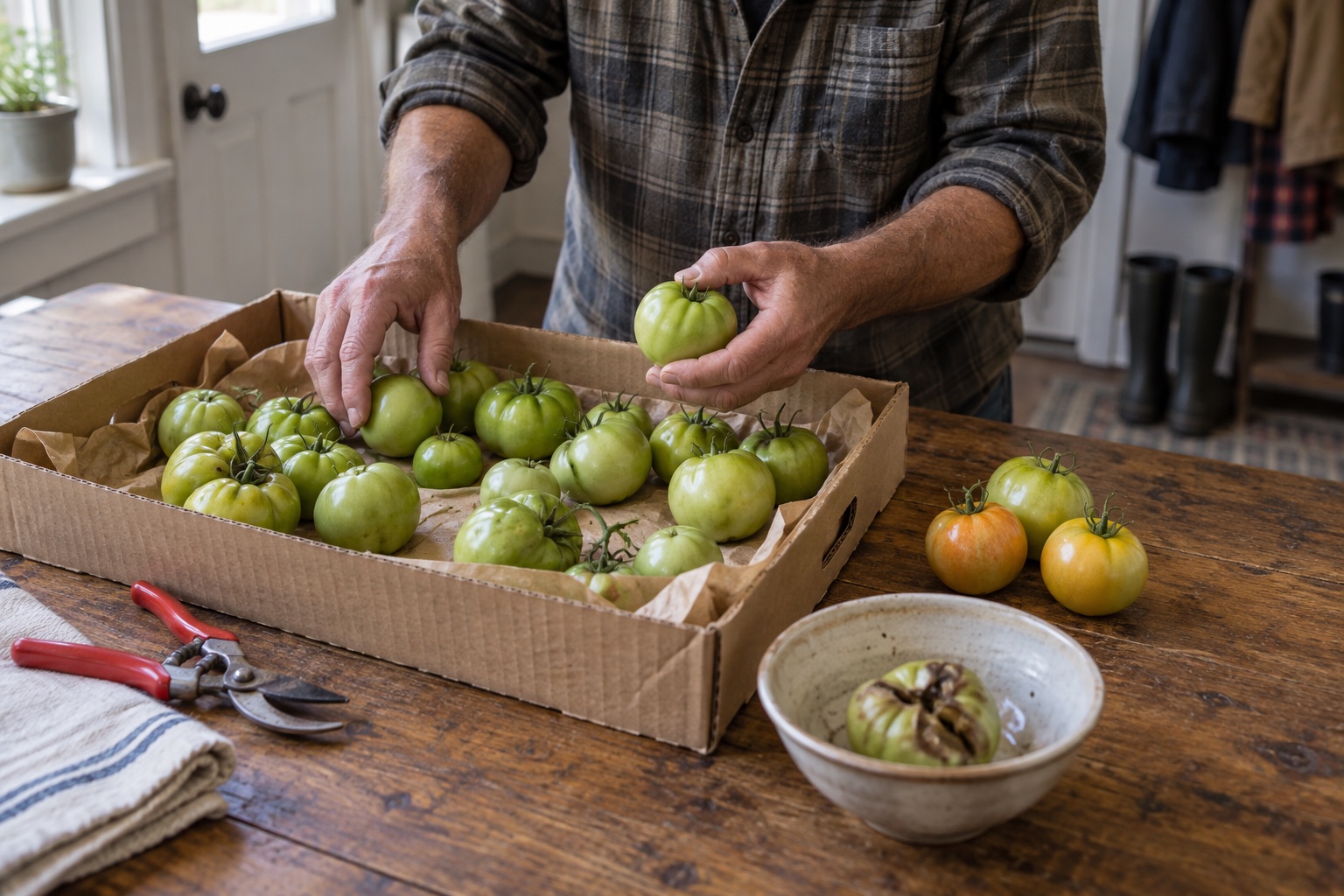 Man sorting full-size green tomatoes into a paper-lined tray while separating blushing fruit and one damaged tomato