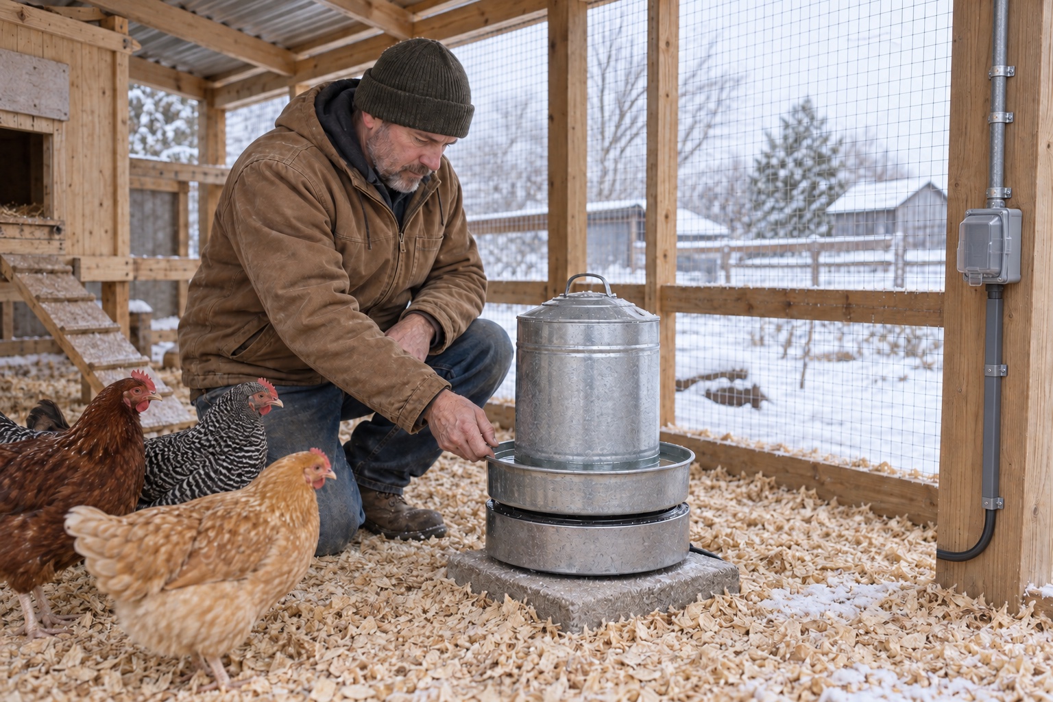 A homesteader checking a galvanized chicken waterer on a heated base in a dry covered run during winter