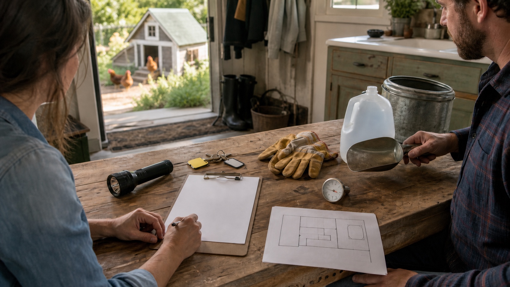 Two adults building a homestead backup plan with a blank clipboard, flashlight, keys, water jug, feed scoop, thermometer, coop, and garden