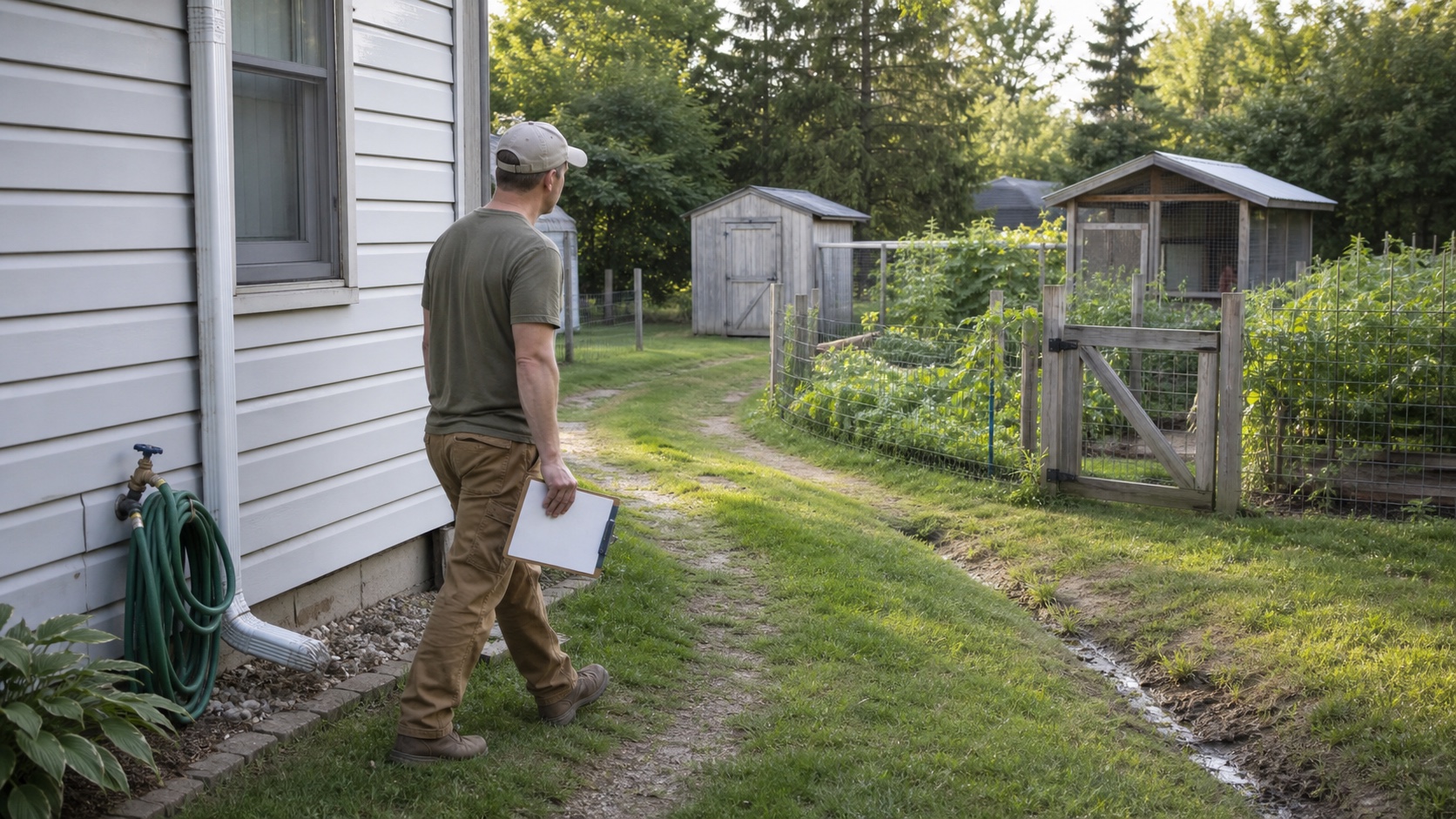 A homesteader follows a maintenance route past the house downspout, stored hose, garden gate, drainage swale, shed, and chicken coop with a blank clipboard