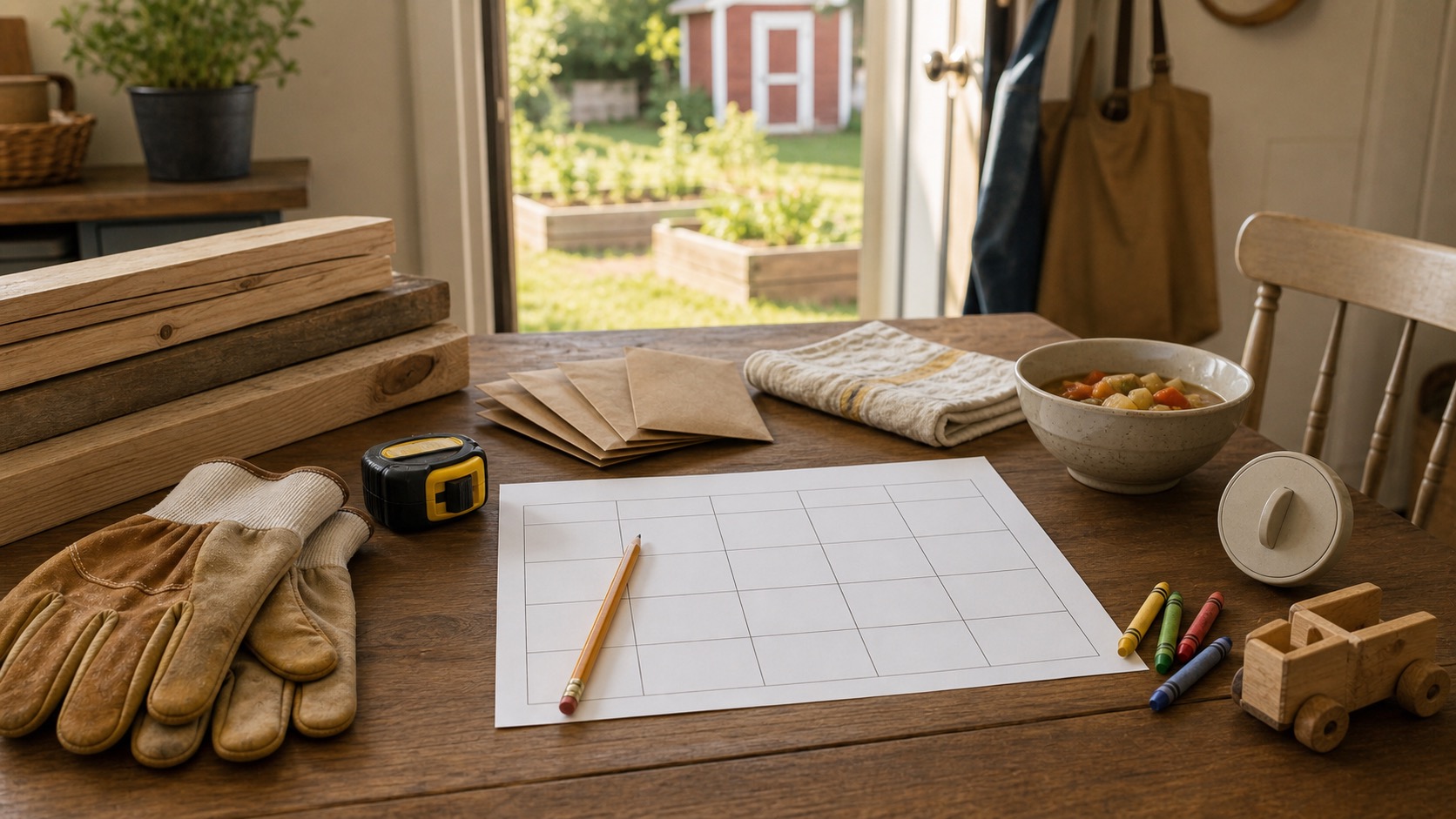 Blank weekly project planner on a family kitchen table with work gloves, lumber, meal bowl, crayons, toy truck, seed packets, and a backyard garden beyond the open door