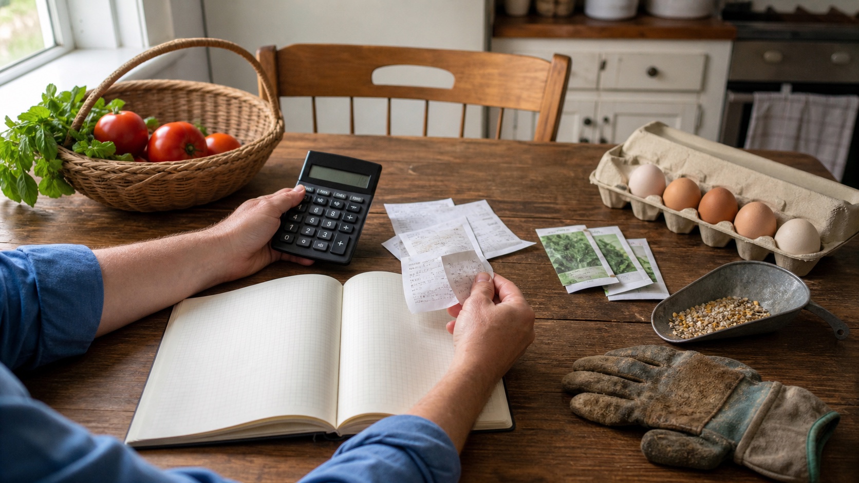A person comparing receipts with a calculator beside garden produce, eggs, seeds, chicken feed, and a budget notebook on a kitchen table