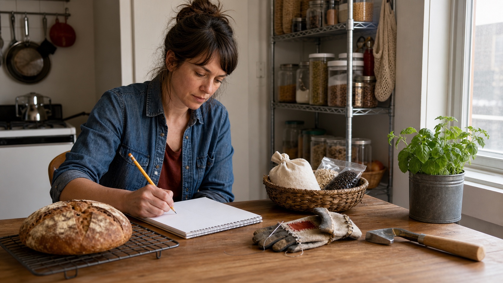 A future homesteader practicing record keeping beside bread, pantry staples, a repaired glove, a basic hand tool, and a container herb in an apartment kitchen