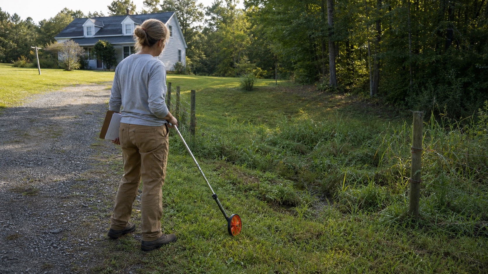 A future homesteader uses a measuring wheel beside a gravel drive while evaluating open ground, a low wet area, woods, fencing, and the house on a small rural property