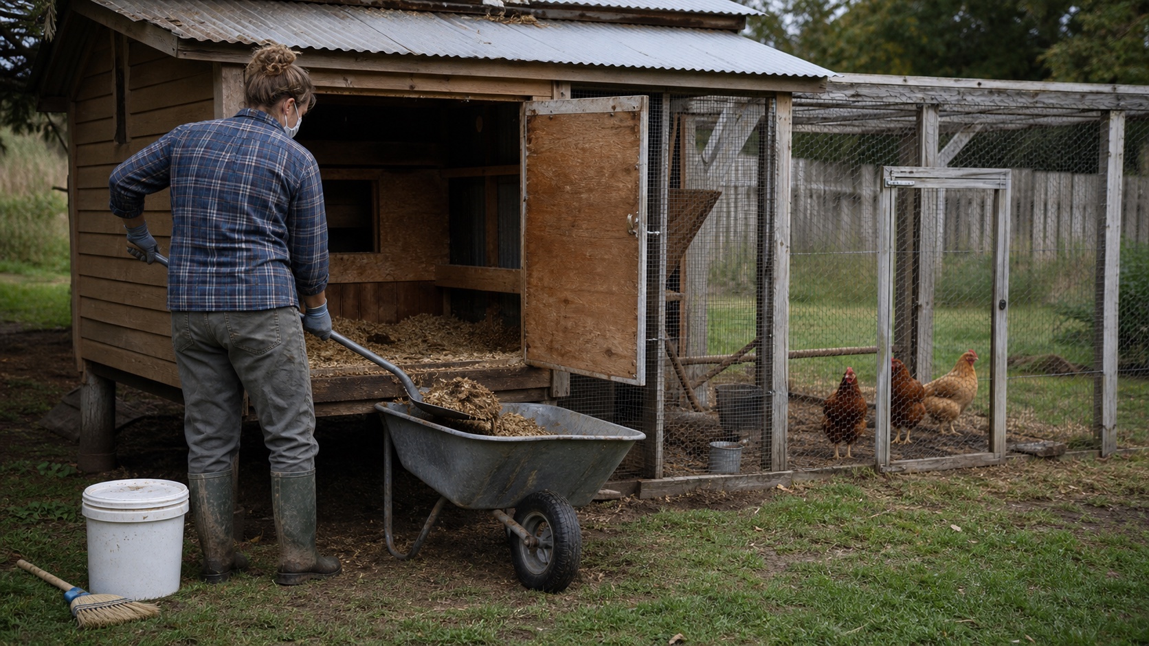 A homesteader wearing dedicated boots, gloves, and a dust mask removes used chicken-coop bedding into a wheelbarrow while hens wait in the secure run