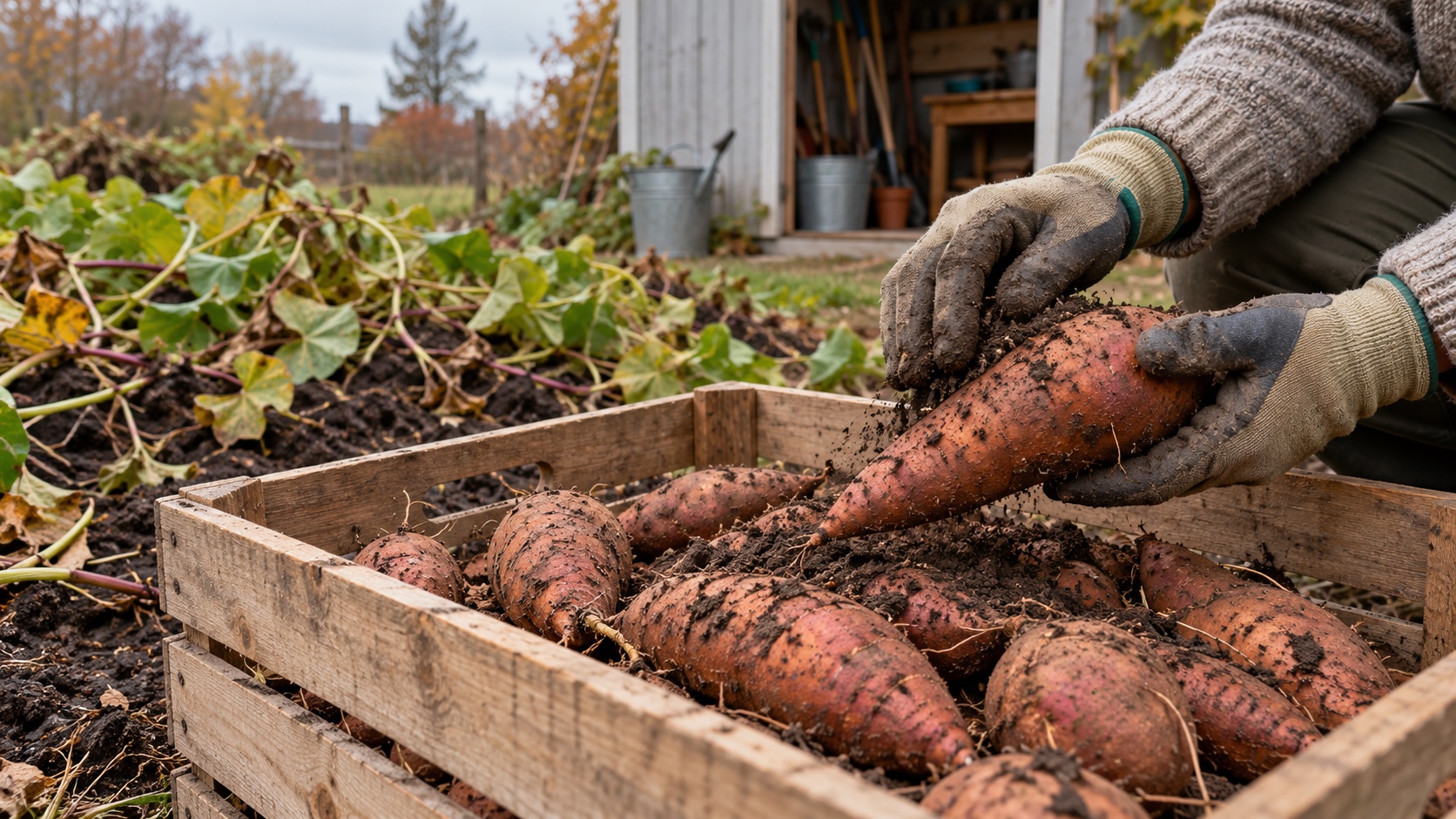A gardener gently brushes loose soil from freshly dug sweet potatoes in a ventilated crate beside the garden bed