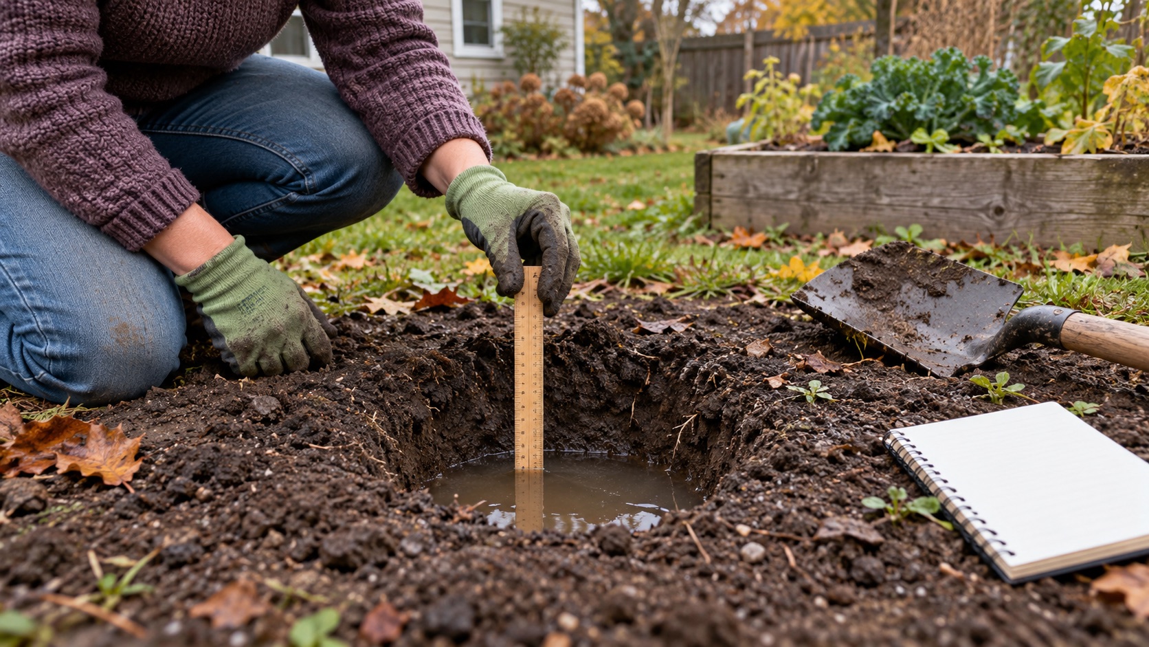 A gardener measures water in a small soil test hole beside a garden bed after autumn rain