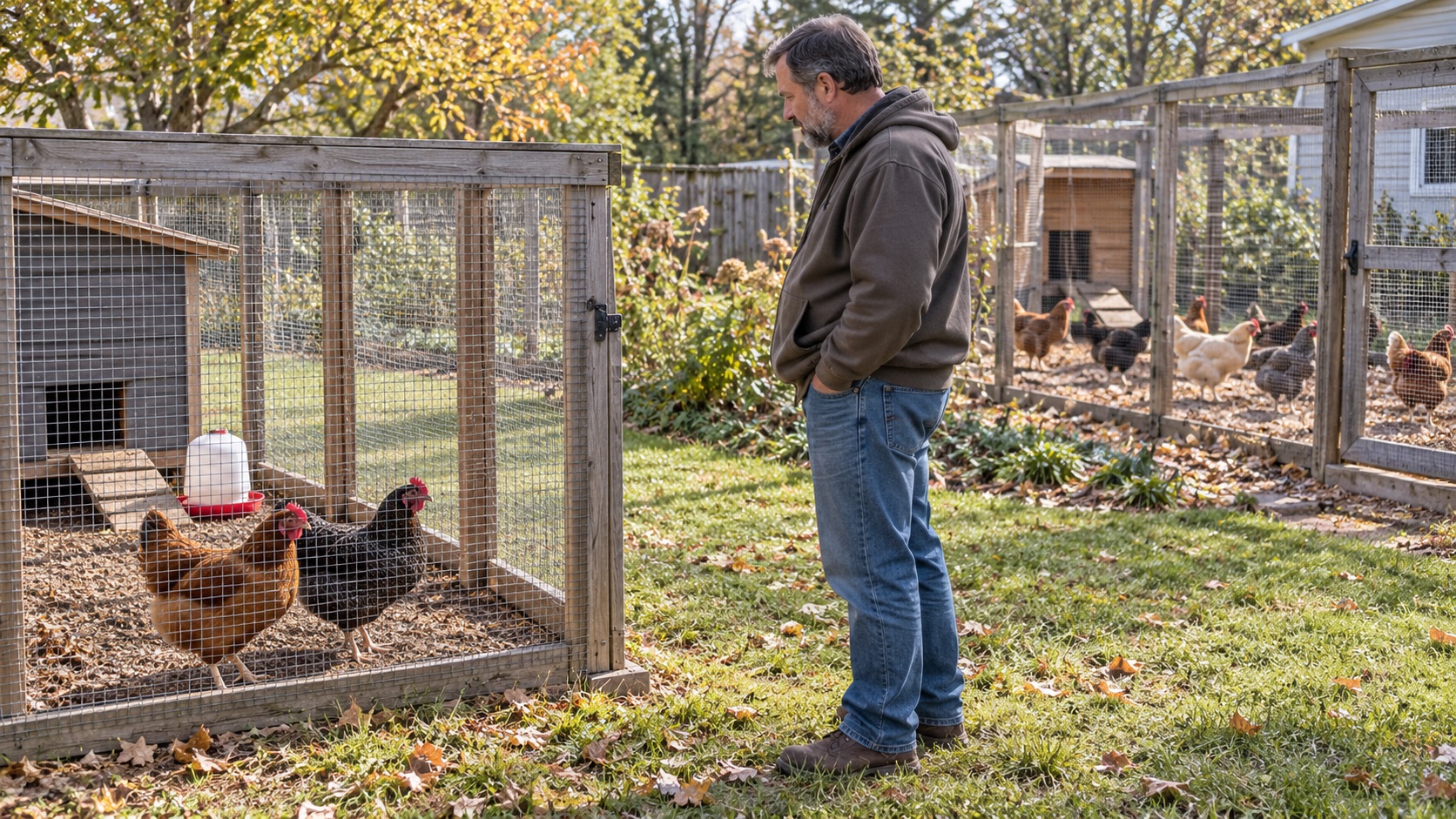 A keeper observes two hens in a separate secure pen while an established chicken flock remains in its own enclosure