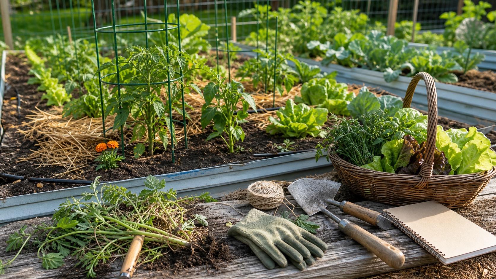 Early summer raised-bed vegetable garden with tomato cages, straw mulch, hand tools, pulled weeds, a harvest basket, and a plain notebook