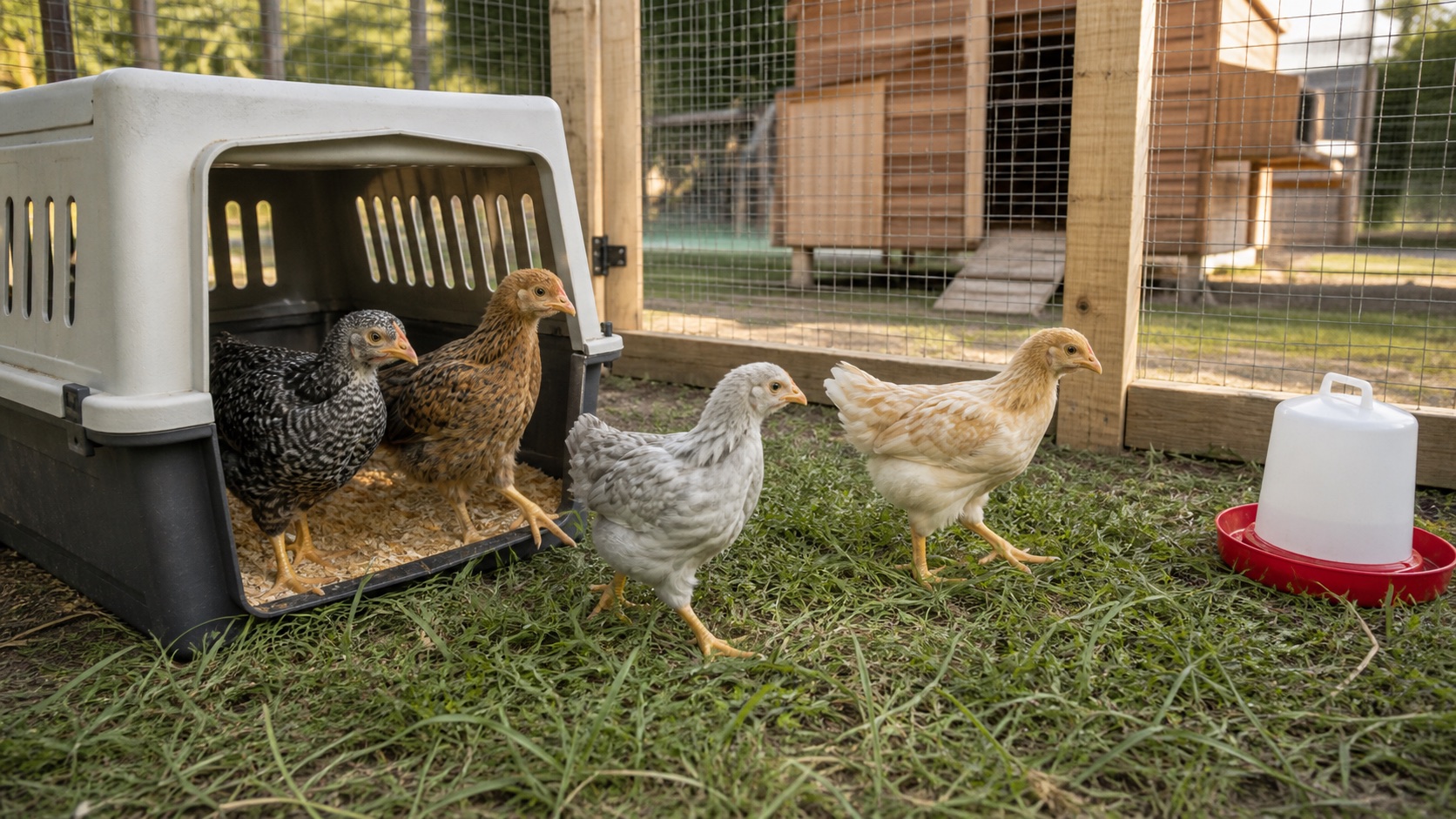 Feathered juvenile chicks stepping from a transition crate into a secure grassy outdoor chicken run