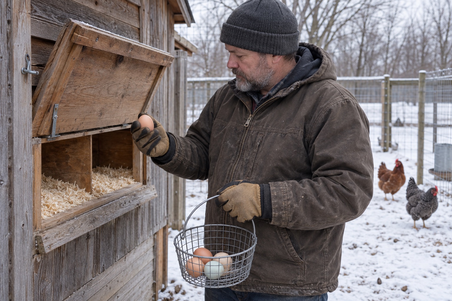 Man in winter gloves inspecting an intact egg beside a dry outdoor nest box and a wire basket of eggs