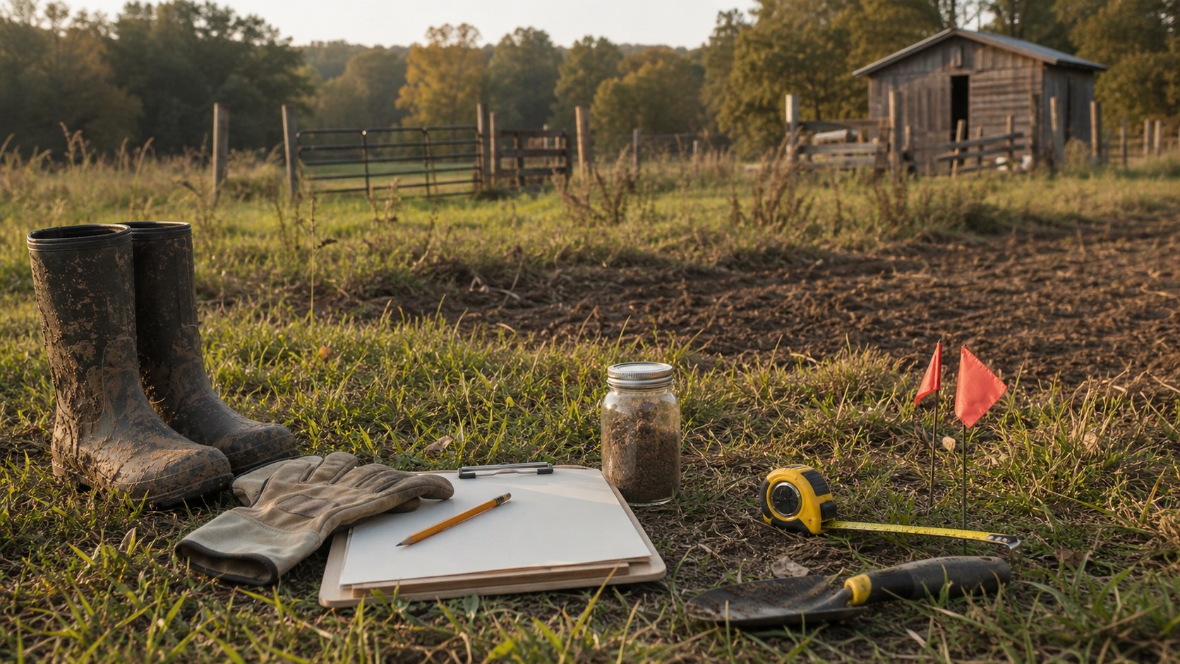 Muddy boots, gloves, a blank clipboard, soil jar, tape measure, and flag markers at the edge of a small homestead field