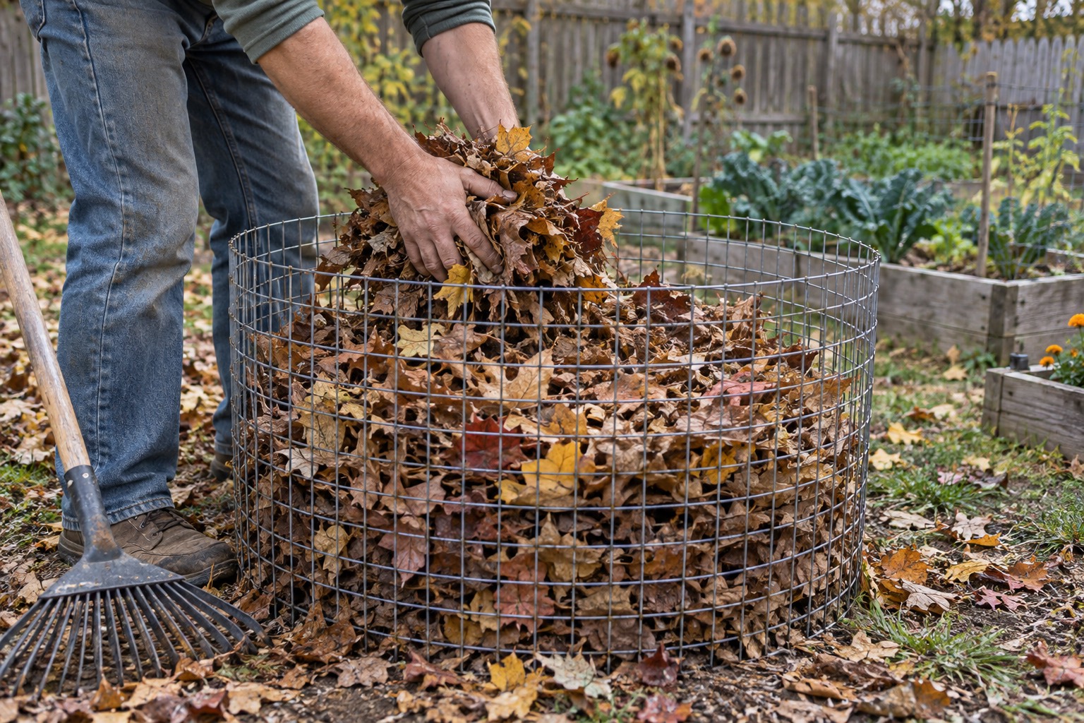 Hands placing clean fall leaves into a round wire bin beside a small vegetable garden