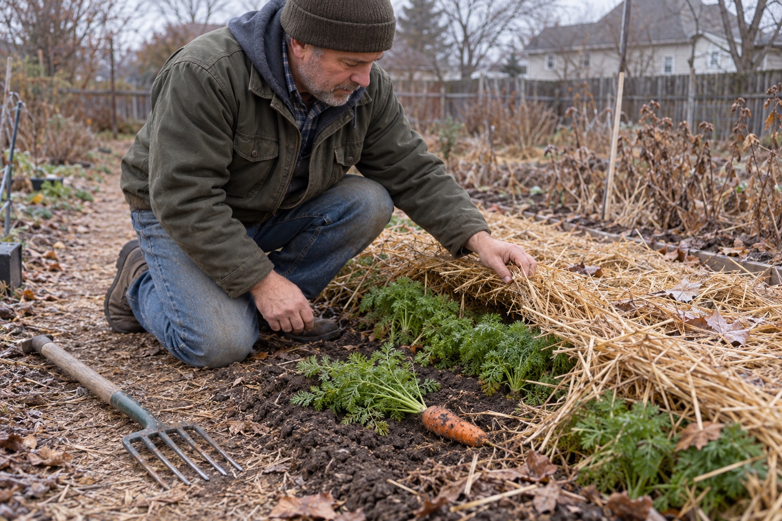 A gardener folds back straw mulch to inspect a mature carrot row after light frost with one sample carrot and a garden fork nearby