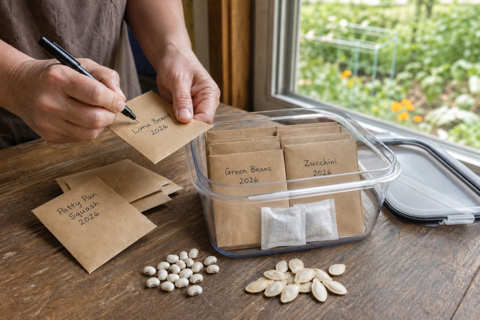 Hands labeling leftover vegetable seed envelopes before placing them in a clear airtight container with desiccant packets