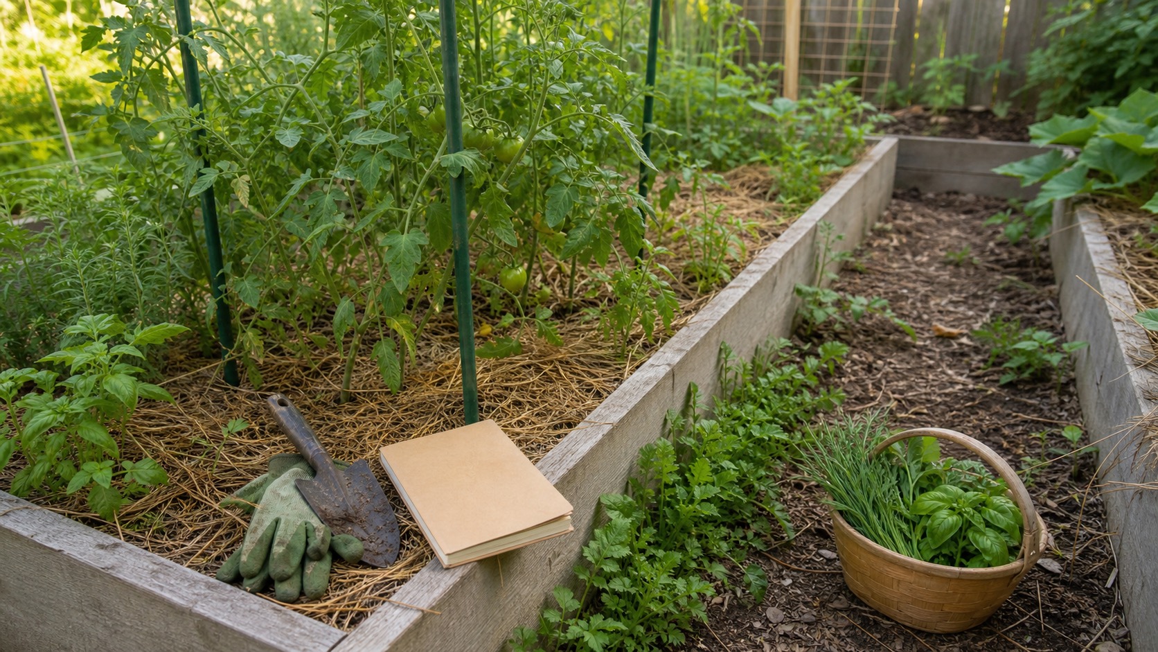 Messy but productive beginner raised-bed vegetable garden with tomato stakes, straw mulch, young weeds, garden gloves, a hand trowel, a plain notebook, and a basket of herbs