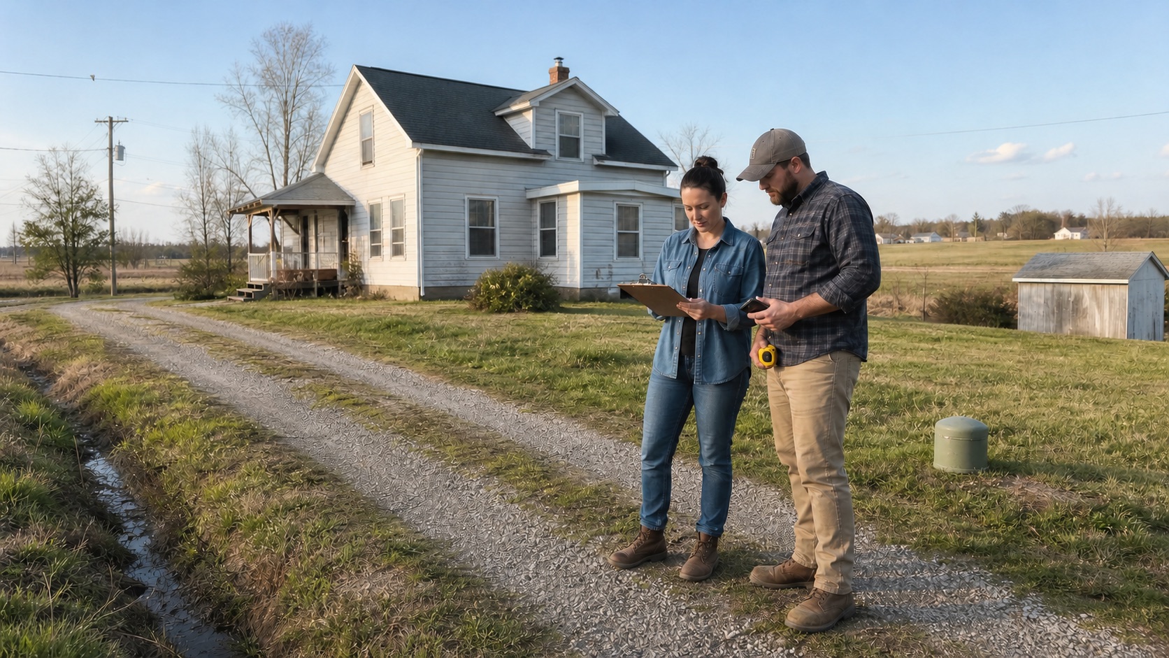 Two adults evaluating a modest rural home, gravel access, drainage, utilities, and well area before moving