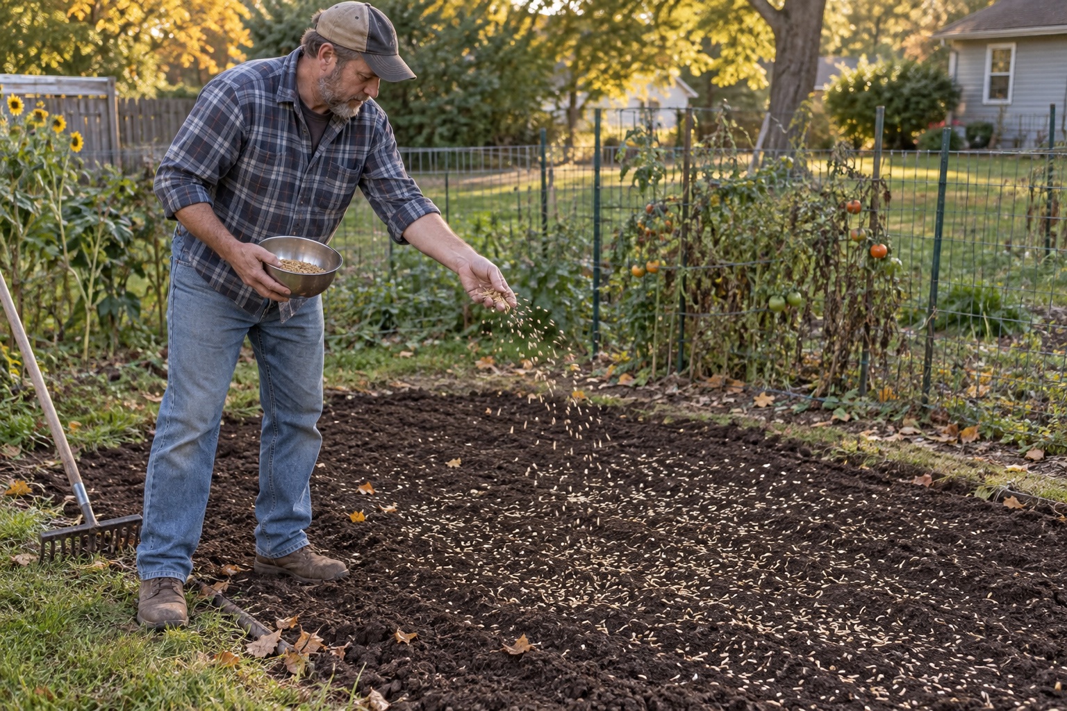 Beginner gardener hand broadcasting oat cover crop seed over a prepared vegetable bed in early fall