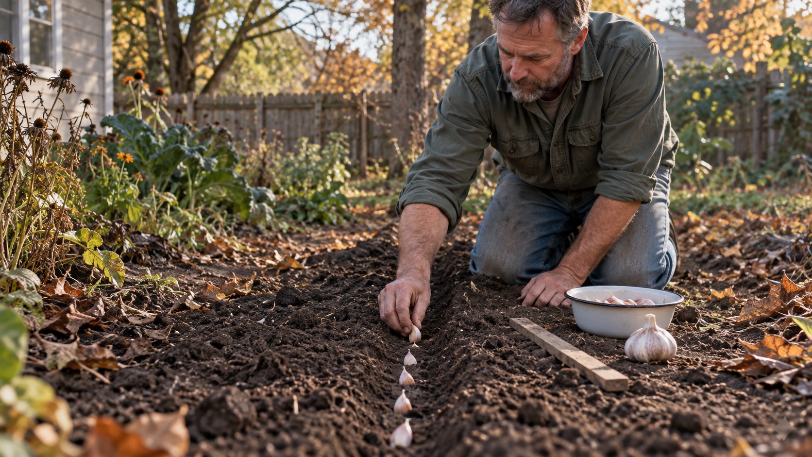 Man planting individual garlic cloves point-up in a narrow garden bed on an autumn afternoon