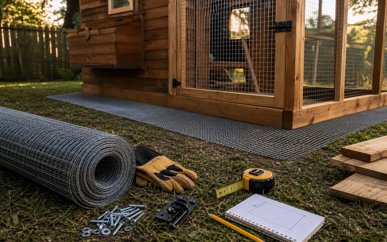 Hardware cloth, latch hardware, screws, gloves, tape measure, and a simple chicken coop run being predator-proofed