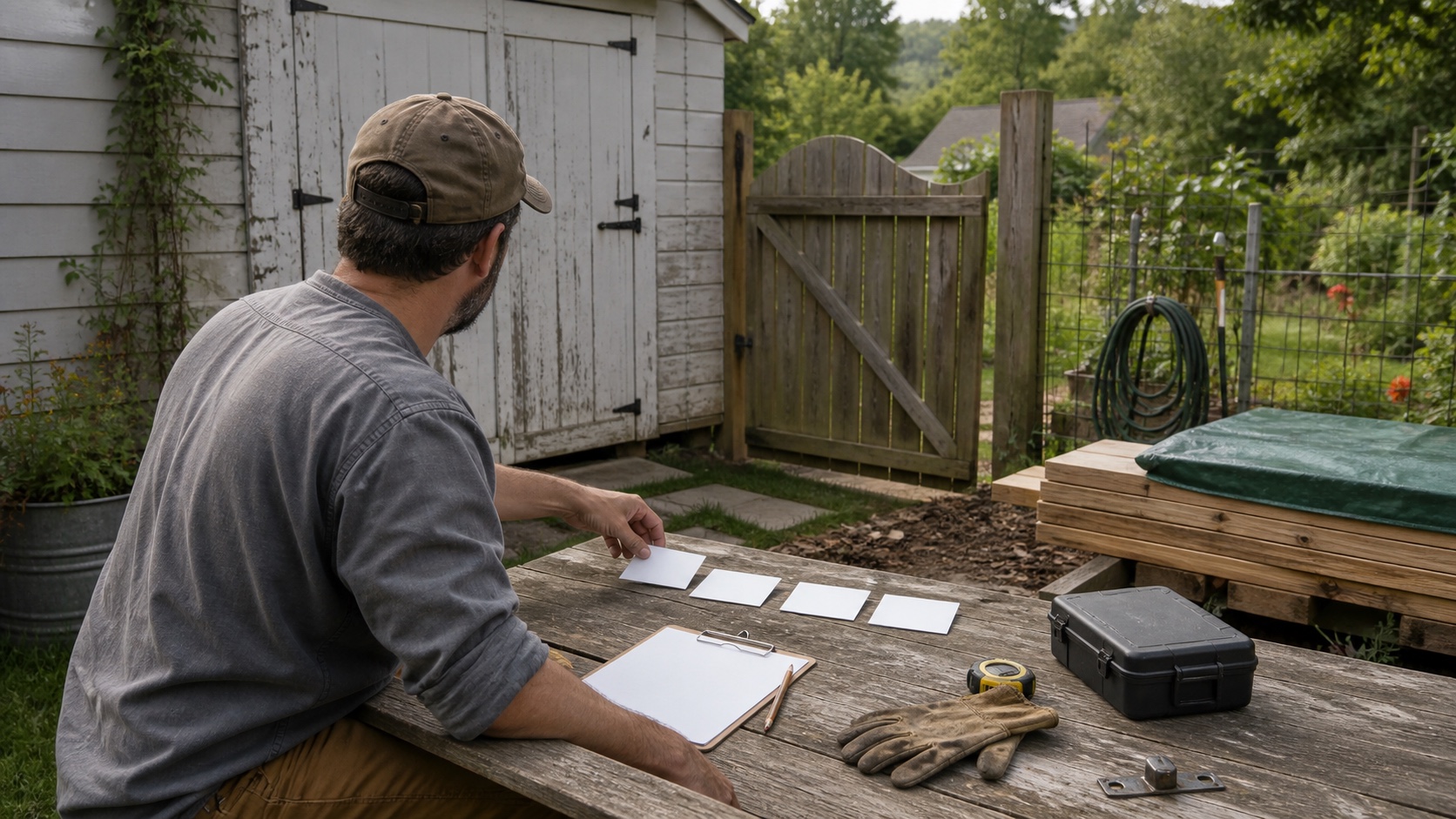 A homesteader sorts four blank project cards at an outdoor worktable beside a garden gate, covered lumber, tools, and a modest shed