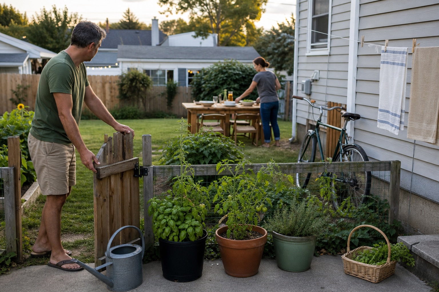A couple beginning a simpler routine at their modest current home with container vegetables, an outdoor supper, a bicycle, and laundry on the line