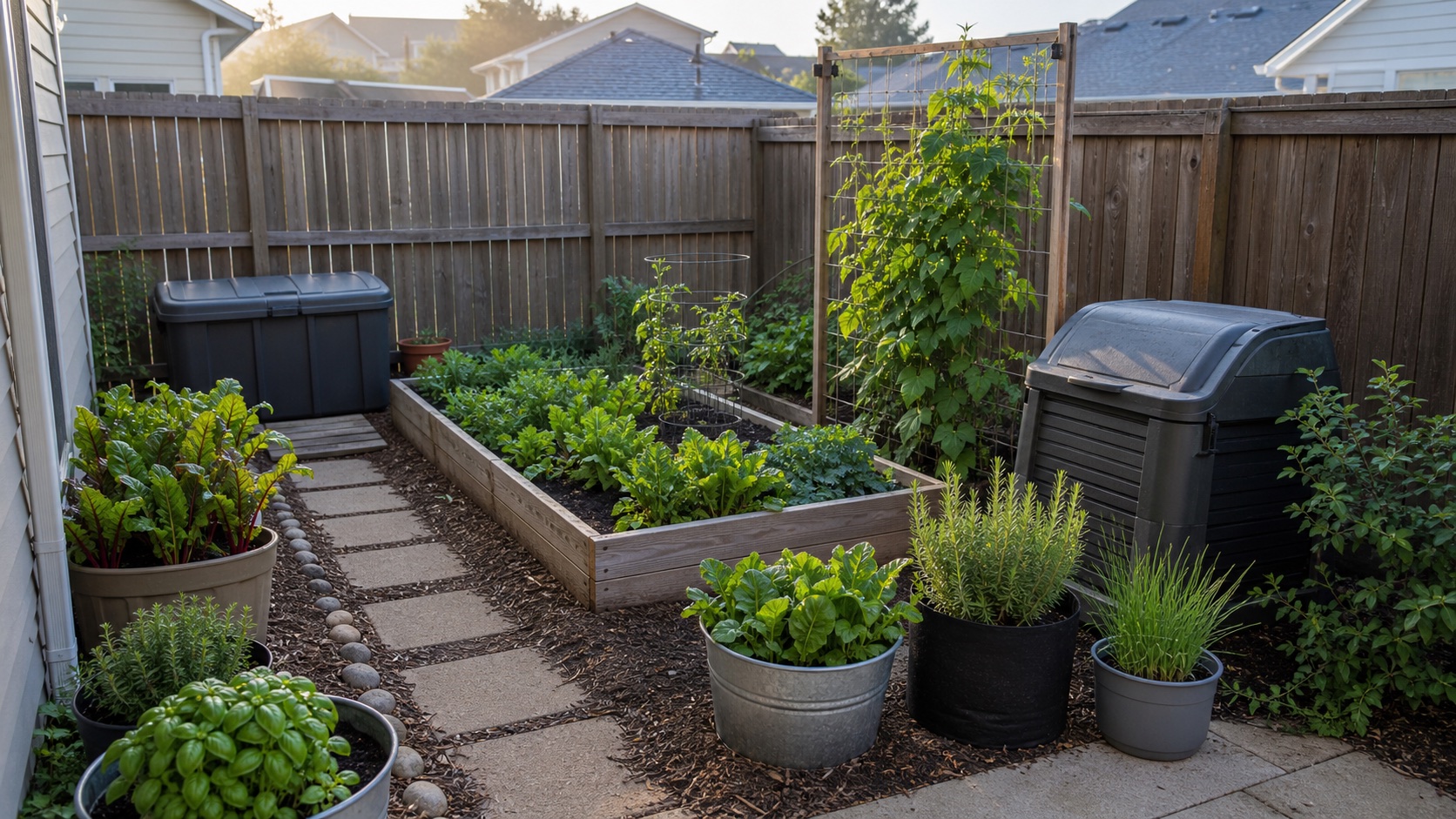 Modest small backyard homestead layout with one raised bed, vegetable containers, a bean trellis, compact compost bin, storage tote, and clear path