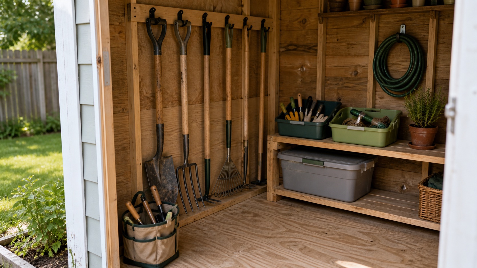 Organized small wooden garden shed with long-handled tools on wall hooks, open task bins, a lidded tote, hanging hose, tool caddy, shelving, and a clear floor path