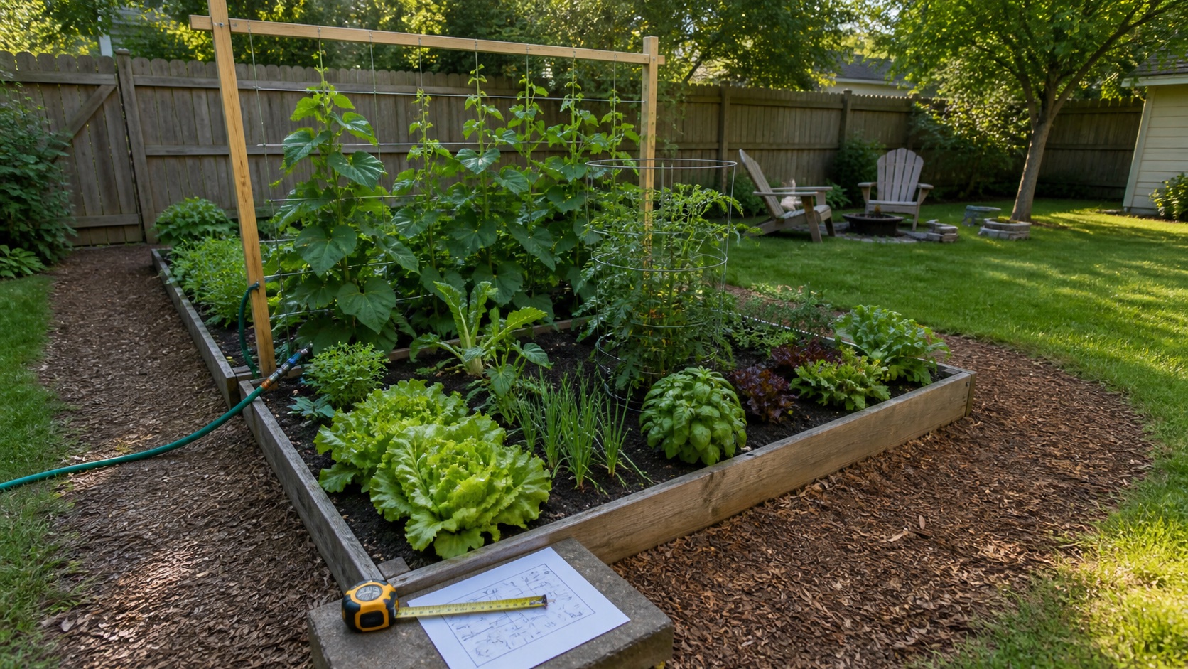 Compact backyard vegetable garden with one reachable raised bed, mulch paths, a trellis, tomato support, lettuce, herbs, a hose, measuring tape, and a paper layout