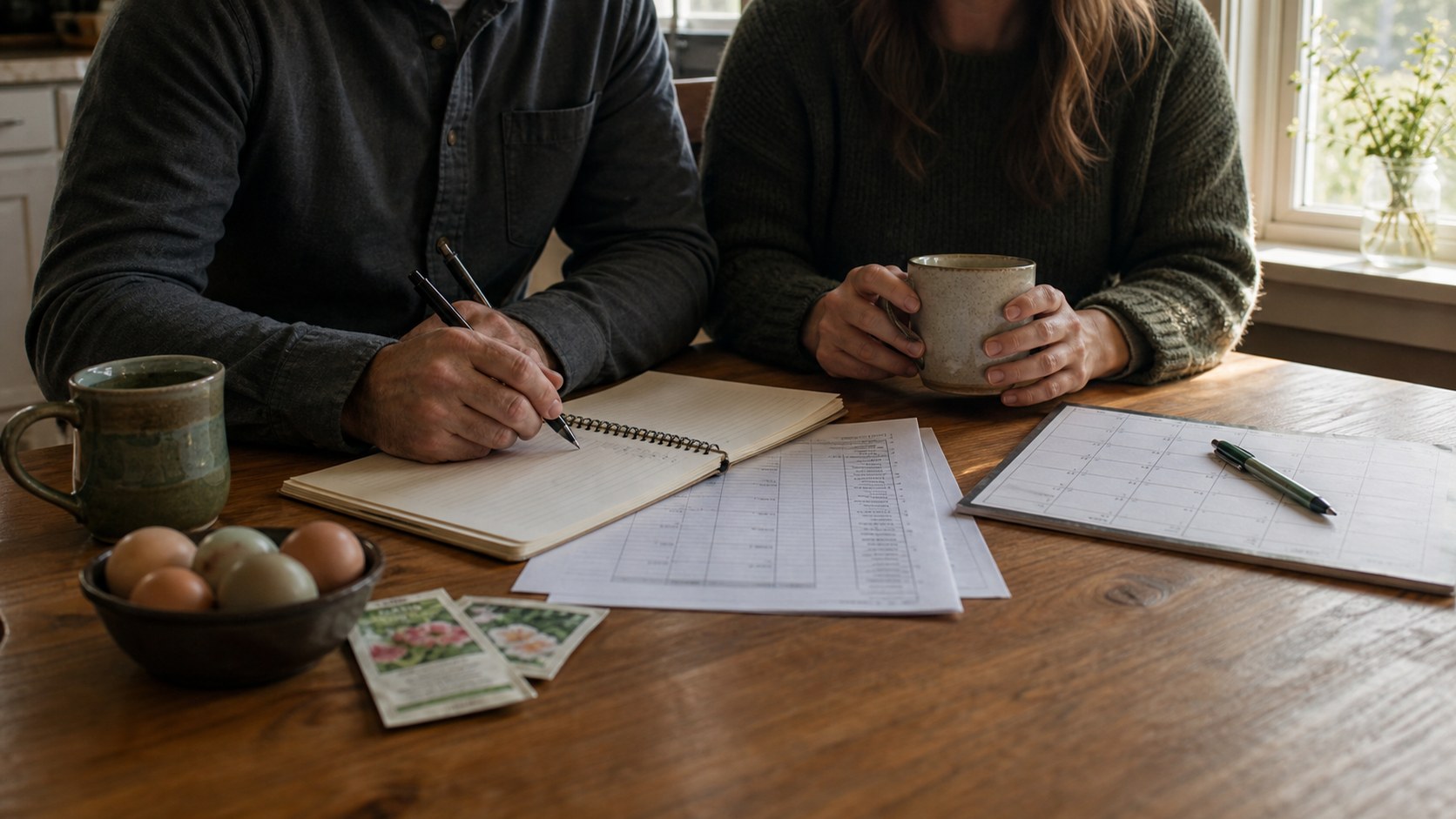 Couple planning a simpler life at a kitchen table with a notebook, budget papers, mugs, seed packets, and eggs