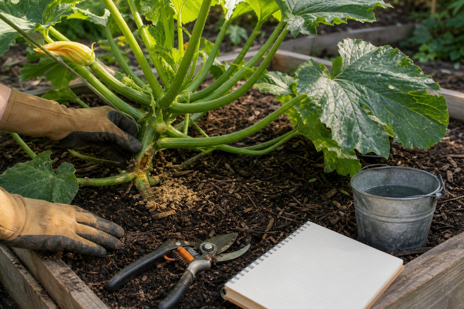 Beginner gardener checking a zucchini plant stem for squash vine borer damage beside pruners, mulch, bucket, and a blank notebook