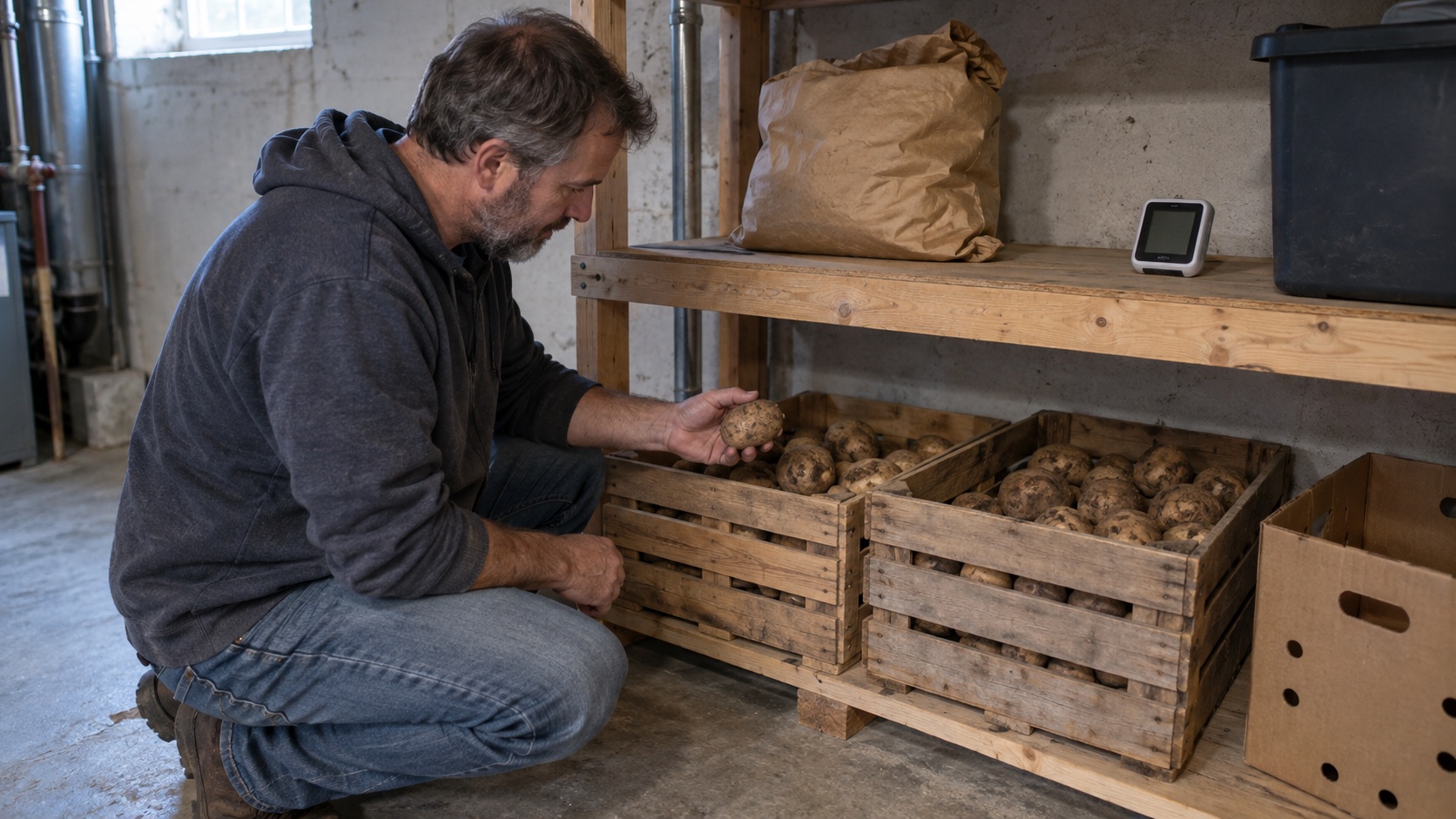 Man inspecting an unwashed potato beside ventilated wooden crates in a cool unfinished basement storage area