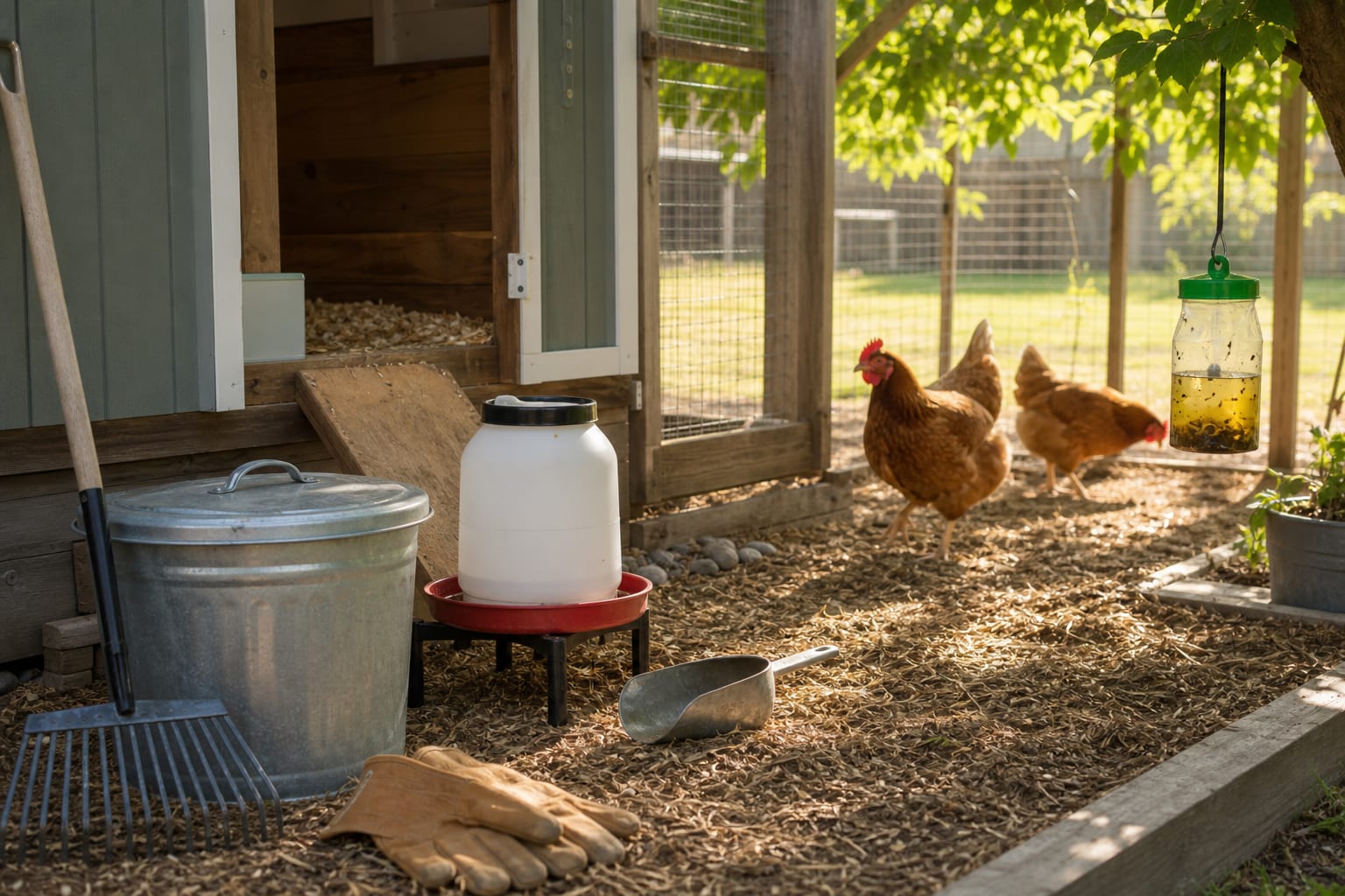 Clean summer chicken coop with dry bedding, raised waterer, lidded manure bucket, rake, scoop, gloves, fly trap away from the coop door, and two hens