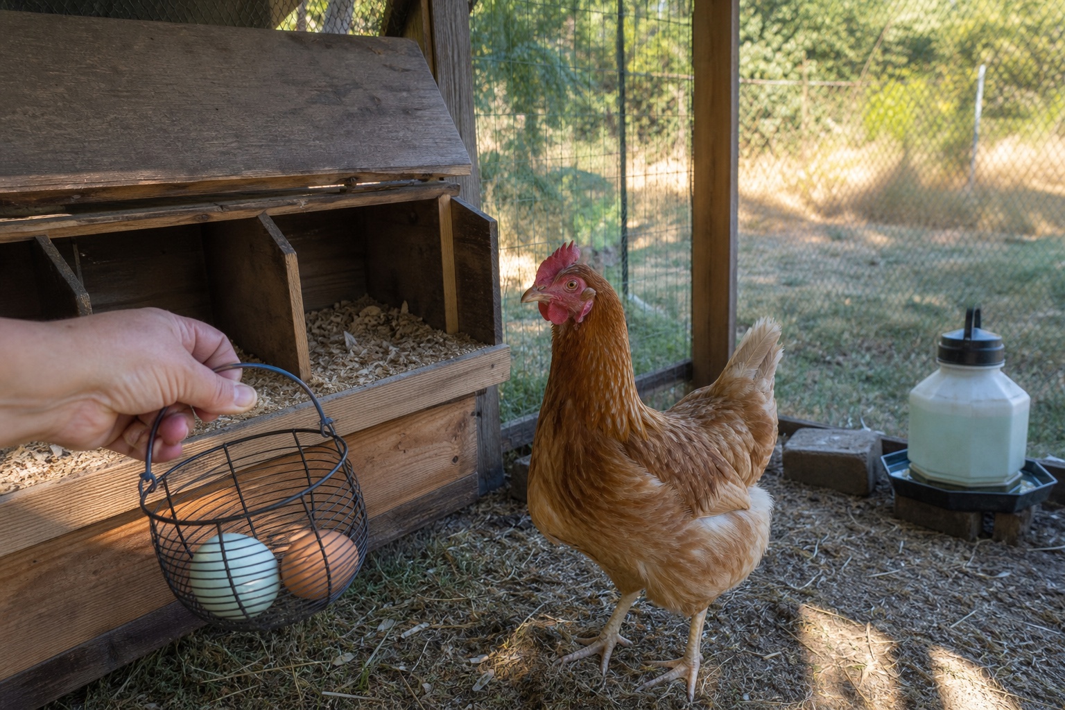 A healthy laying hen beside an open nest box while a keeper holds a small basket with two eggs in a shaded summer chicken run