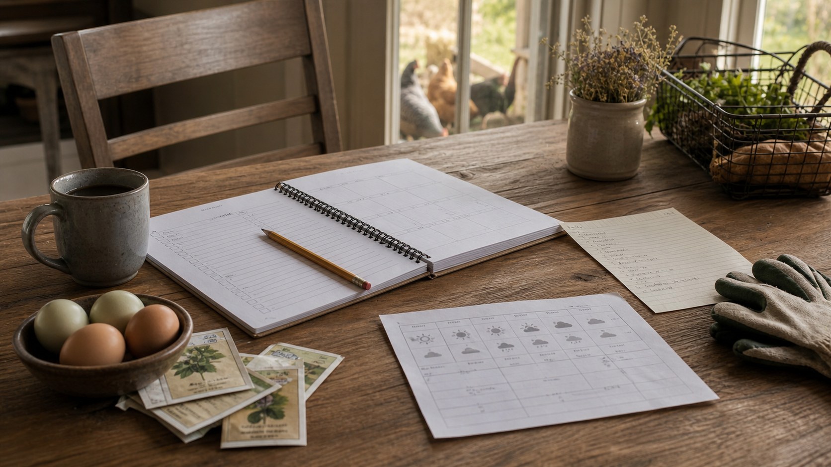 Sunday planning table with a weekly notebook, weather sheet, eggs, seed packets, garden gloves, and chickens outside the window