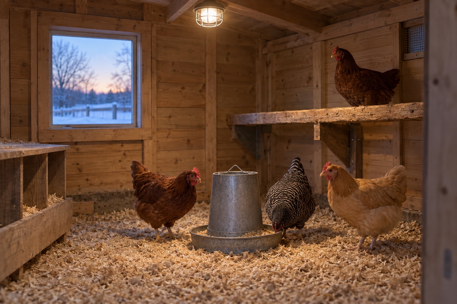 Four hens in a dry winter coop under a guarded warm-white light before sunrise