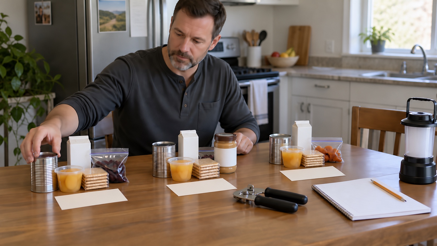 Man sorting plain shelf-stable foods into three daily groups beside a manual can opener and blank checklist