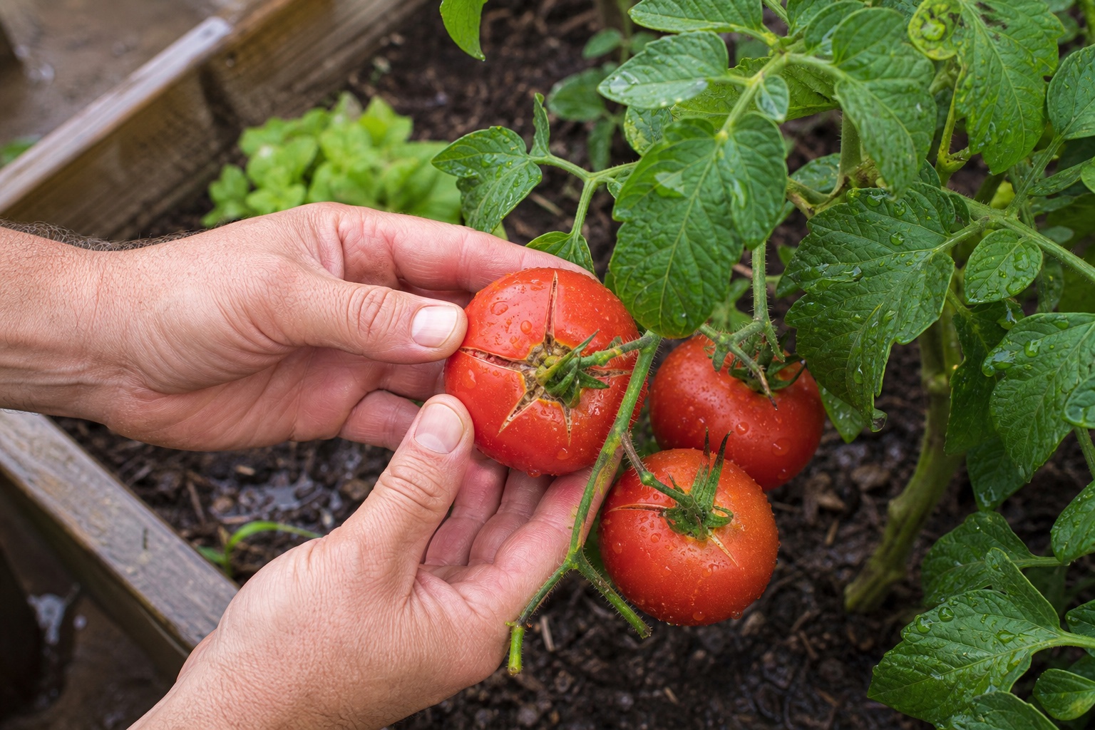 Hands turning a ripe red tomato on the vine to inspect a fresh radial crack near the stem after summer rain