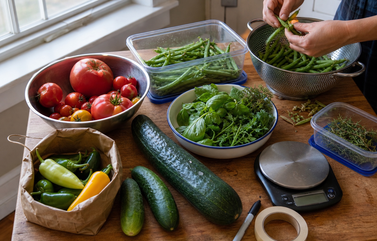 Hands sorting tomatoes, beans, cucumbers, peppers, herbs, and an oversized zucchini into practical kitchen storage groups