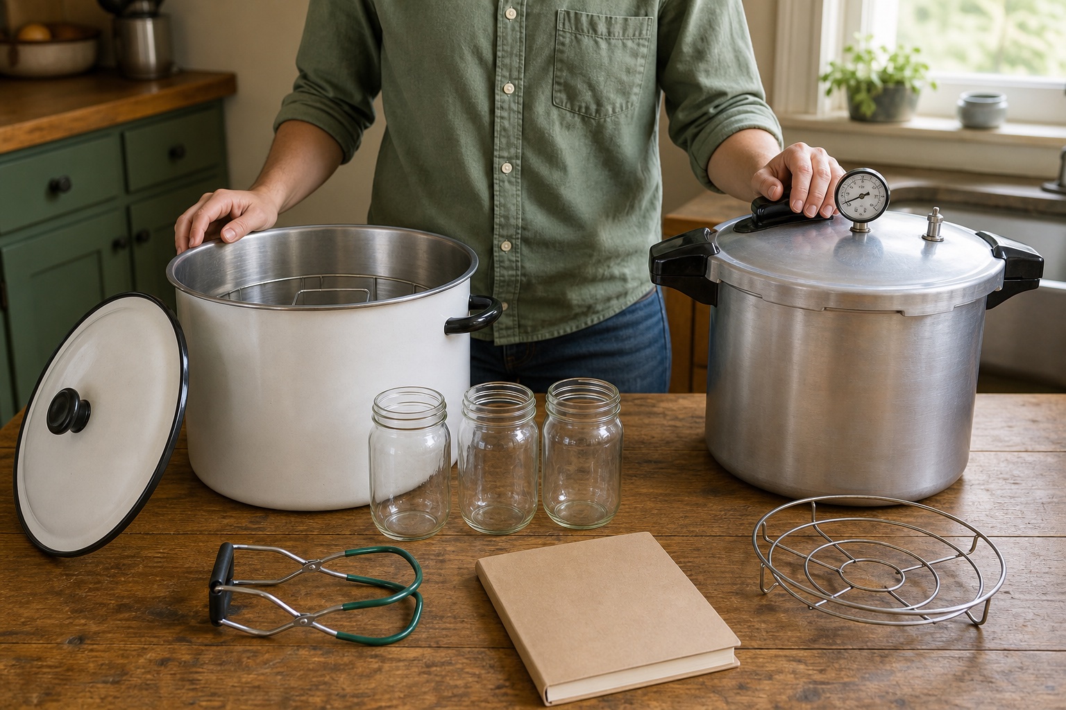 A beginner compares an empty boiling-water canning pot and an empty stovetop pressure canner on a kitchen table with jars and a jar lifter