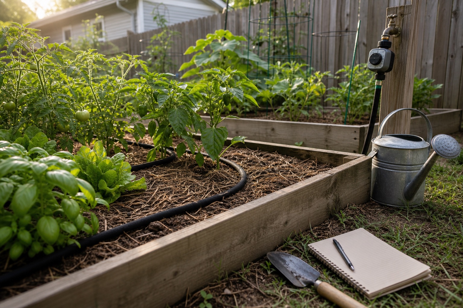 Beginner raised vegetable garden with mulch, soaker hose, hose timer, watering can, notebook, and hand trowel