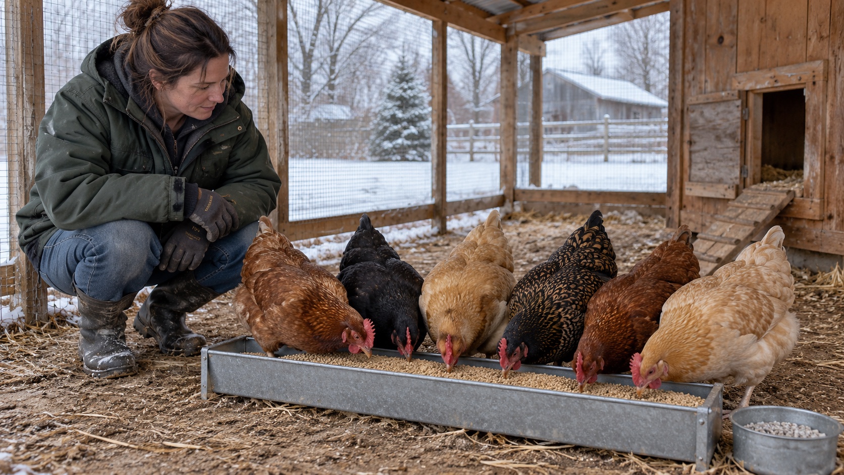 Six adult hens sharing a trough of complete poultry feed in a dry covered run while a keeper watches on a snowy winter morning