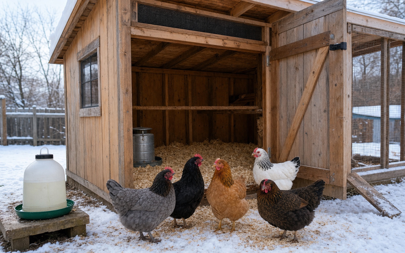 Five backyard hens beside a dry wooden coop with high ventilation and a poultry waterer after light snow