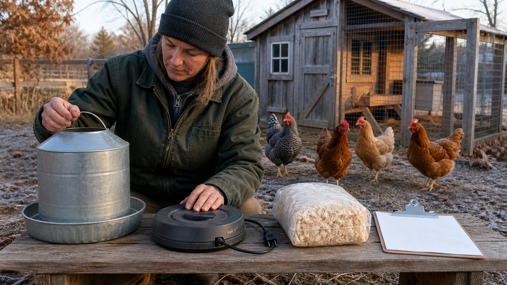 A homesteader comparing a metal poultry waterer, unplugged heated base, pine shavings, and a blank winter chicken budget beside a frosty coop