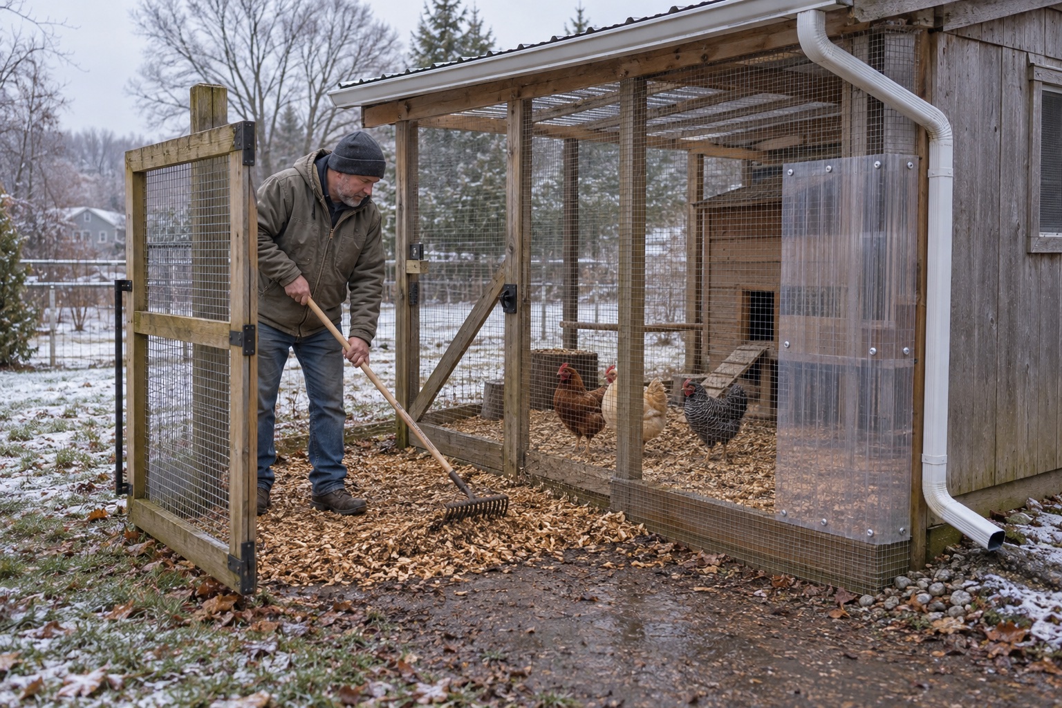 Man raking clean wood chips at a chicken-run gate with a gutter, partial wind panel, and hens in a dry covered area