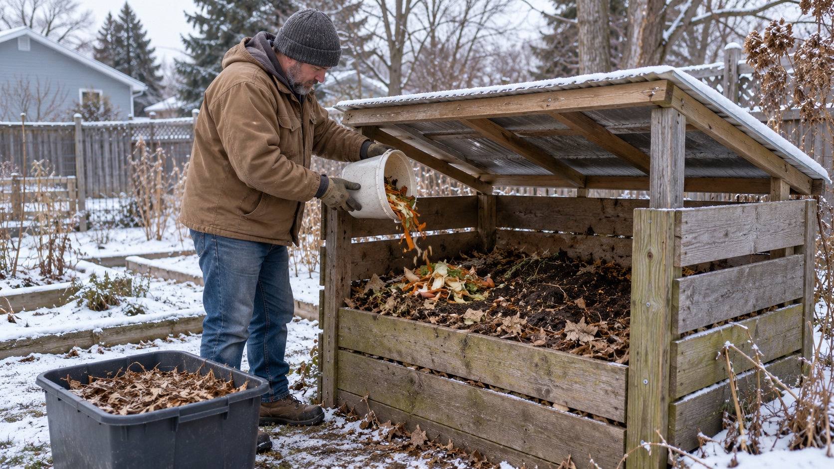 A man adds vegetable peelings to a covered compost bay in light snow with a tote of dry leaves ready to cover the scraps