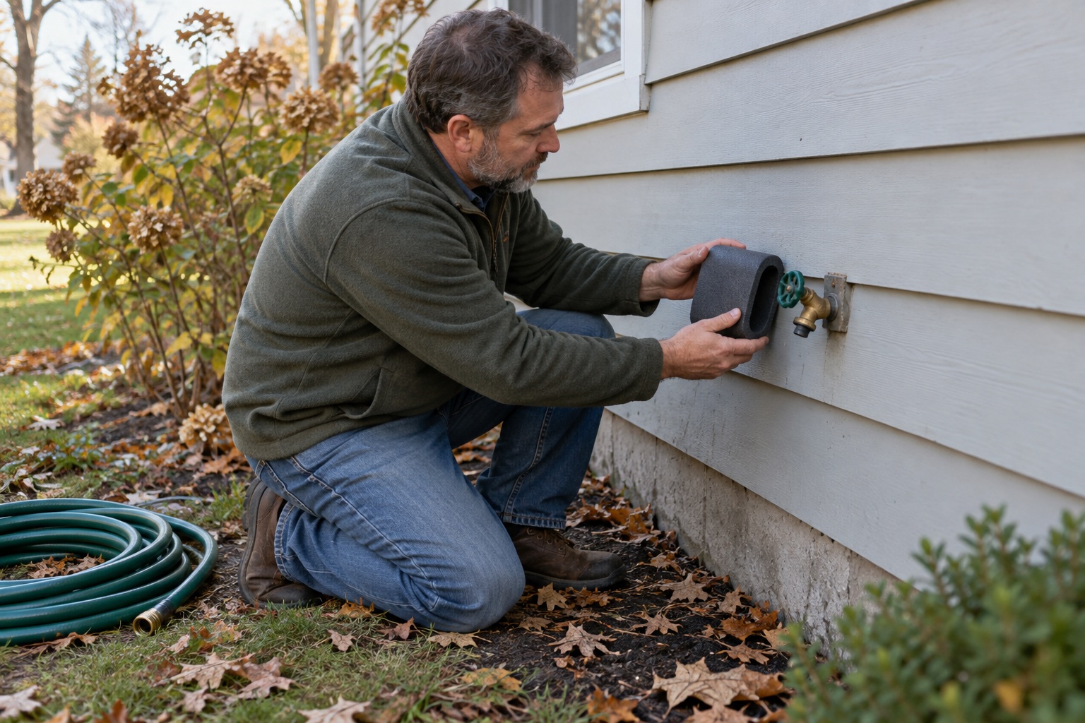 A man checks the fit of an insulated cover beside a disconnected outdoor faucet and coiled garden hose before freezing weather