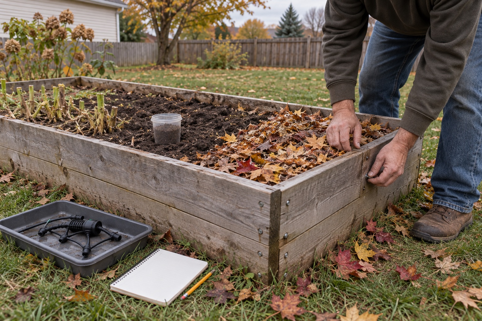 Man inspecting a wooden raised bed with drained irrigation parts, a soil sample, and a light layer of fall leaves